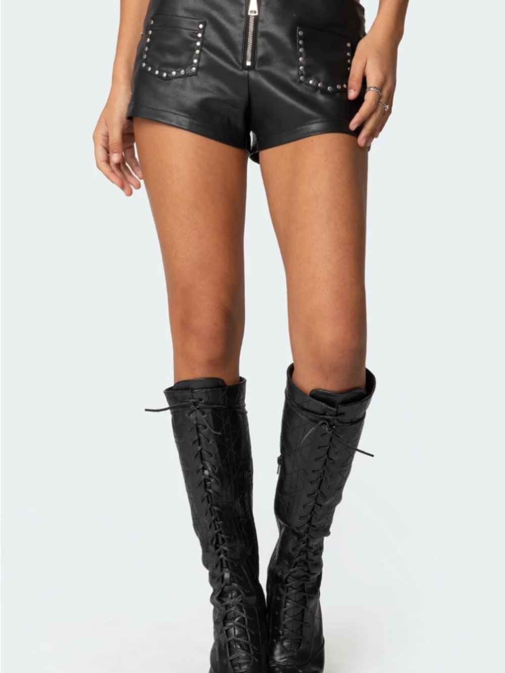 Sincerly Jules Black High-Rise Faux Leather Studded Pocket Shorts